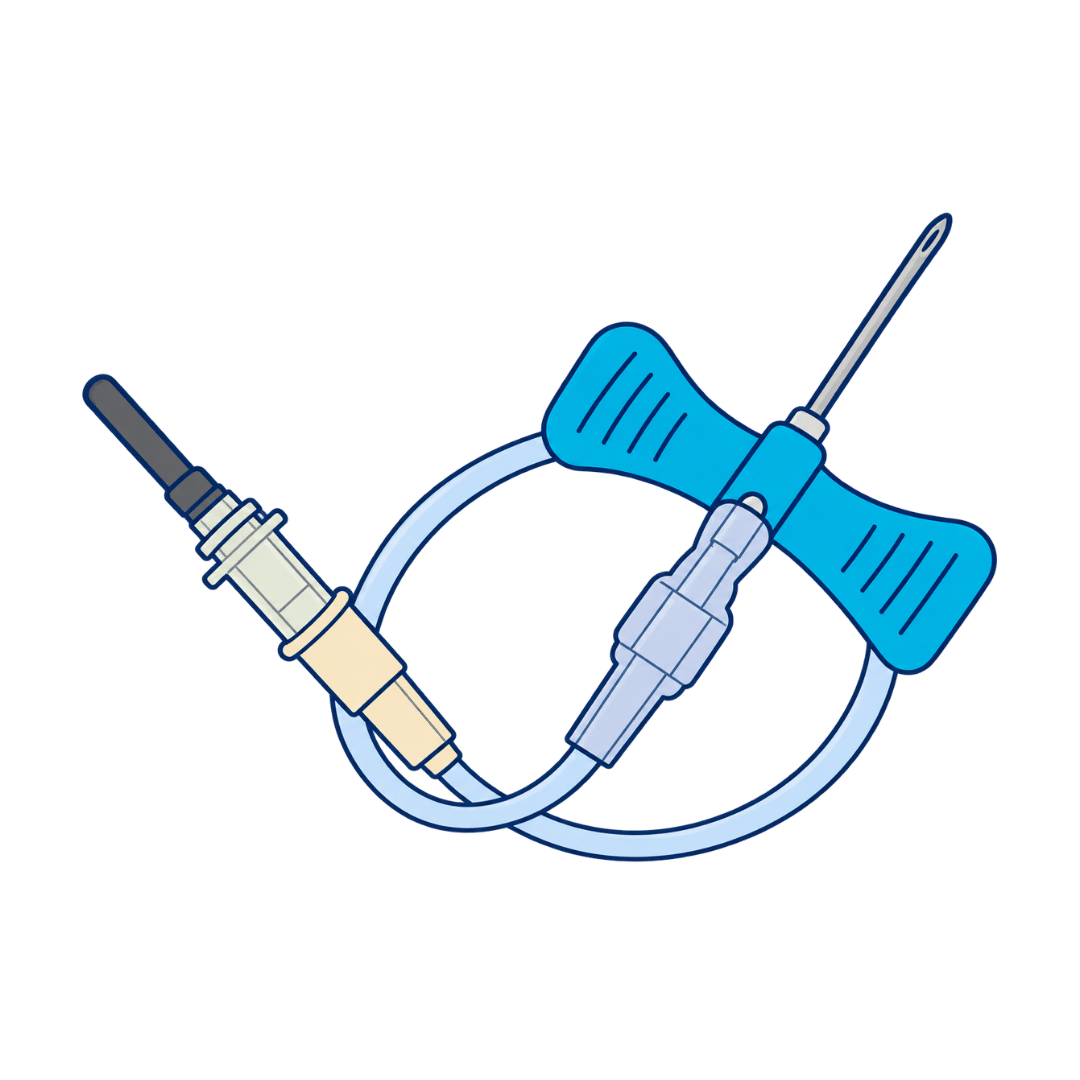 Prélèvement sanguin avec dispositif à ailettes bleues, aiguille, tubulure souple et adaptateur.
