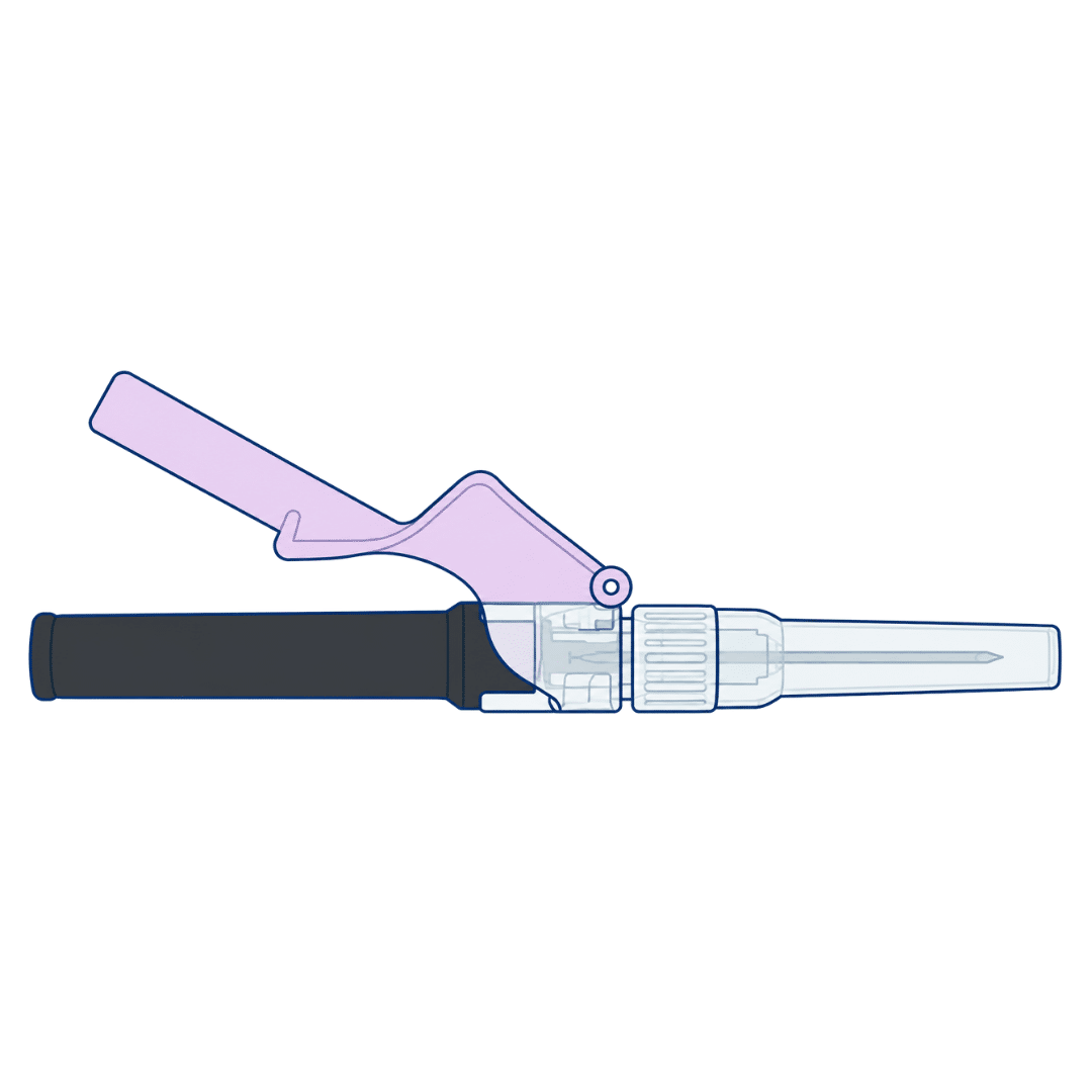 Aiguille de prélèvement sanguin avec capuchon transparent et système de protection articulé de couleur rose.