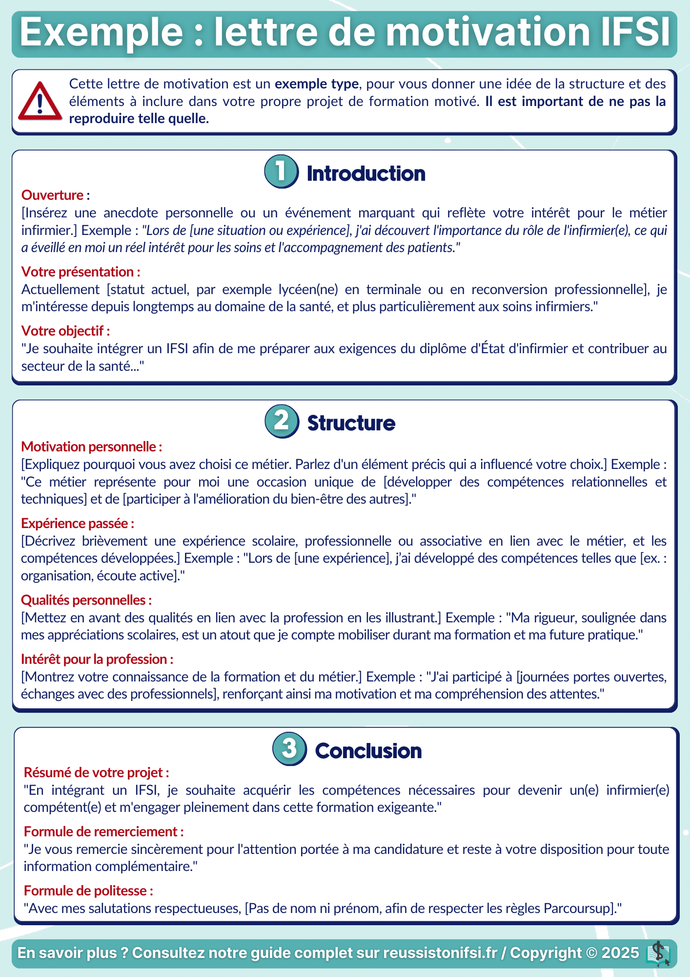 Lettre de motivation IFSI structurée avec introduction, motivation et conclusion pour candidature Parcoursup en soins infirmiers
