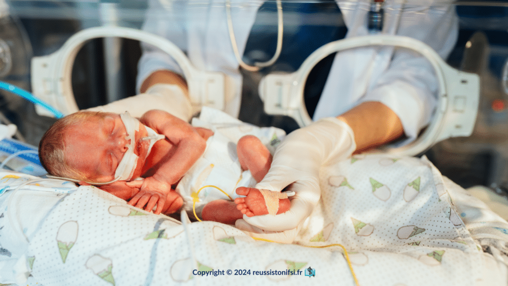 Photographie - Une infirmière s'occupe d'un nouveau-né dans une couveuse en réanimation néonatale