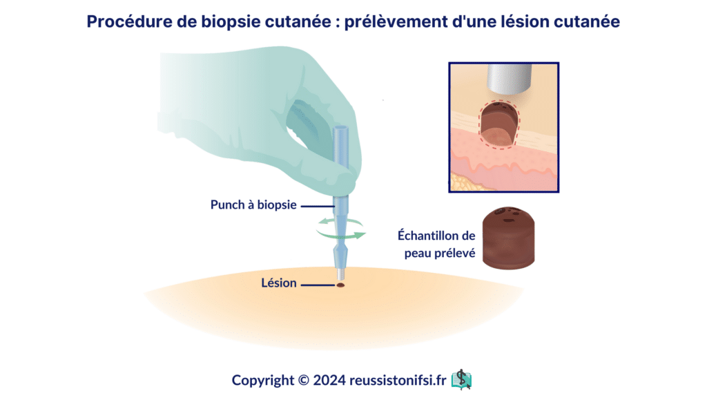 Infographie - Procédure de biopsie cutanée prélèvement d'une lésion cutanée