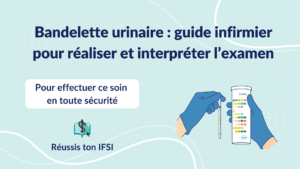 Bandelette urinaire tenue avec gants pour préparer l’examen et sécuriser le prélèvement en soins infirmier(e)s