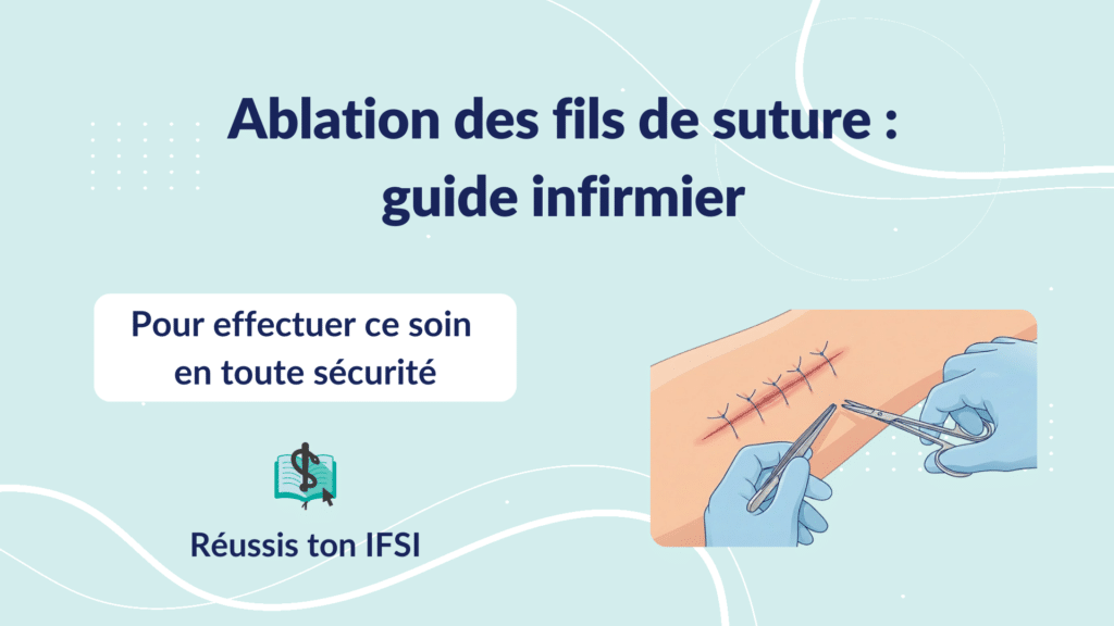 Ablation des fils de suture avec pince et ciseaux stériles lors d’un soin infirmier sur plaie cicatrisée du patient