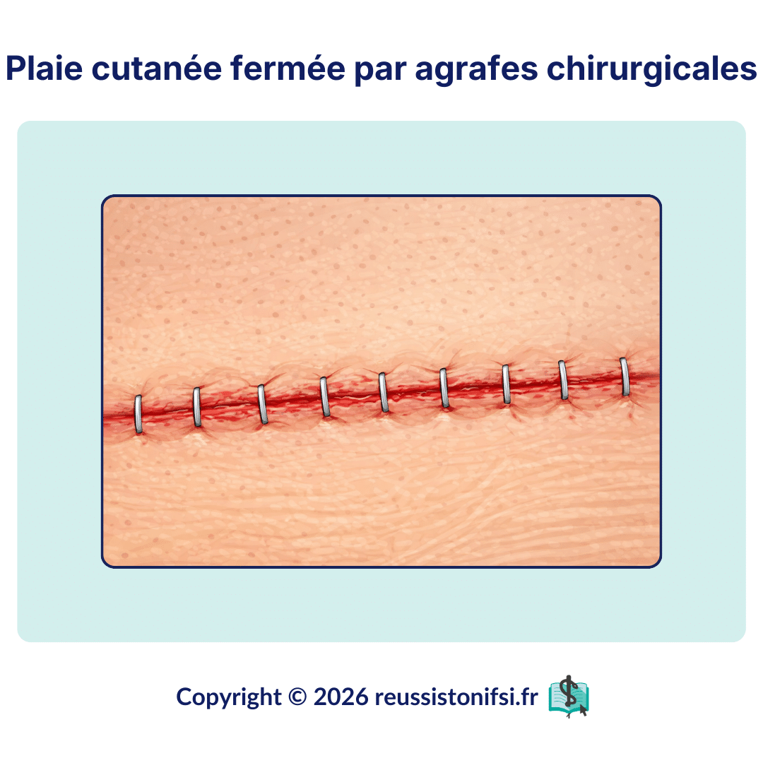 Incision cutanée fermée par agrafes métalliques après chirurgie, avec berges rapprochées et ligne cicatricielle récente