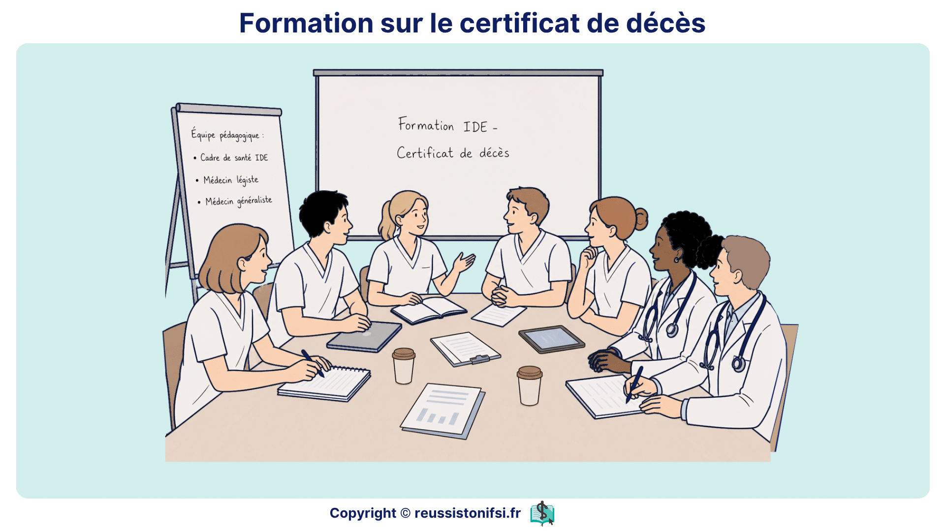 Certificat de décès présenté en formation à des infirmiers avec équipe médicale et supports pédagogiques.