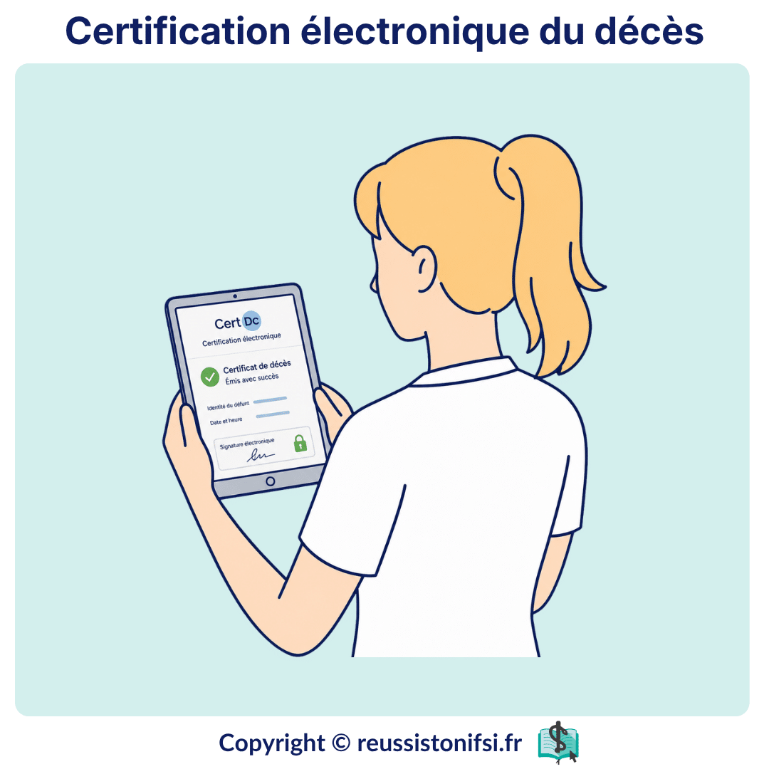 Certification électronique du décès consultée sur tablette par une soignante en service.
