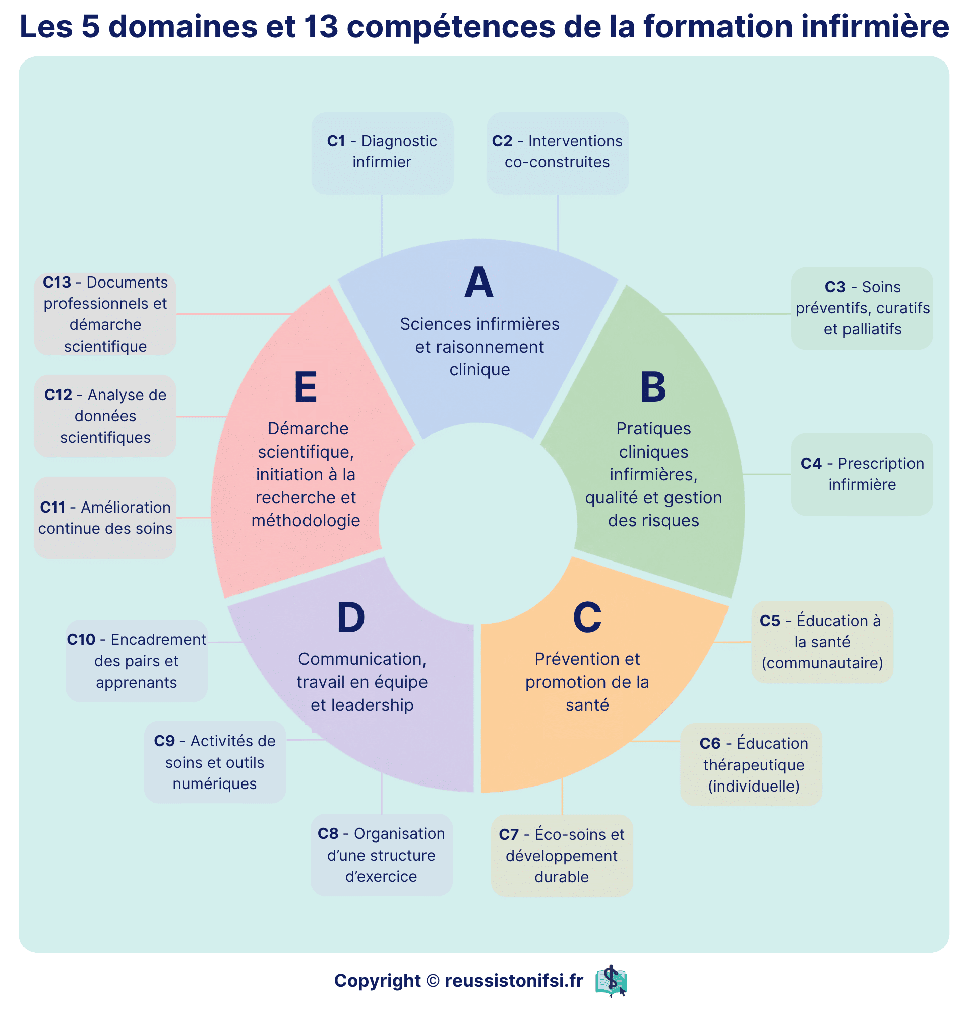 Domaines et compétences de la formation infirmière présentant les 5 domaines et les 13 compétences du référentiel.