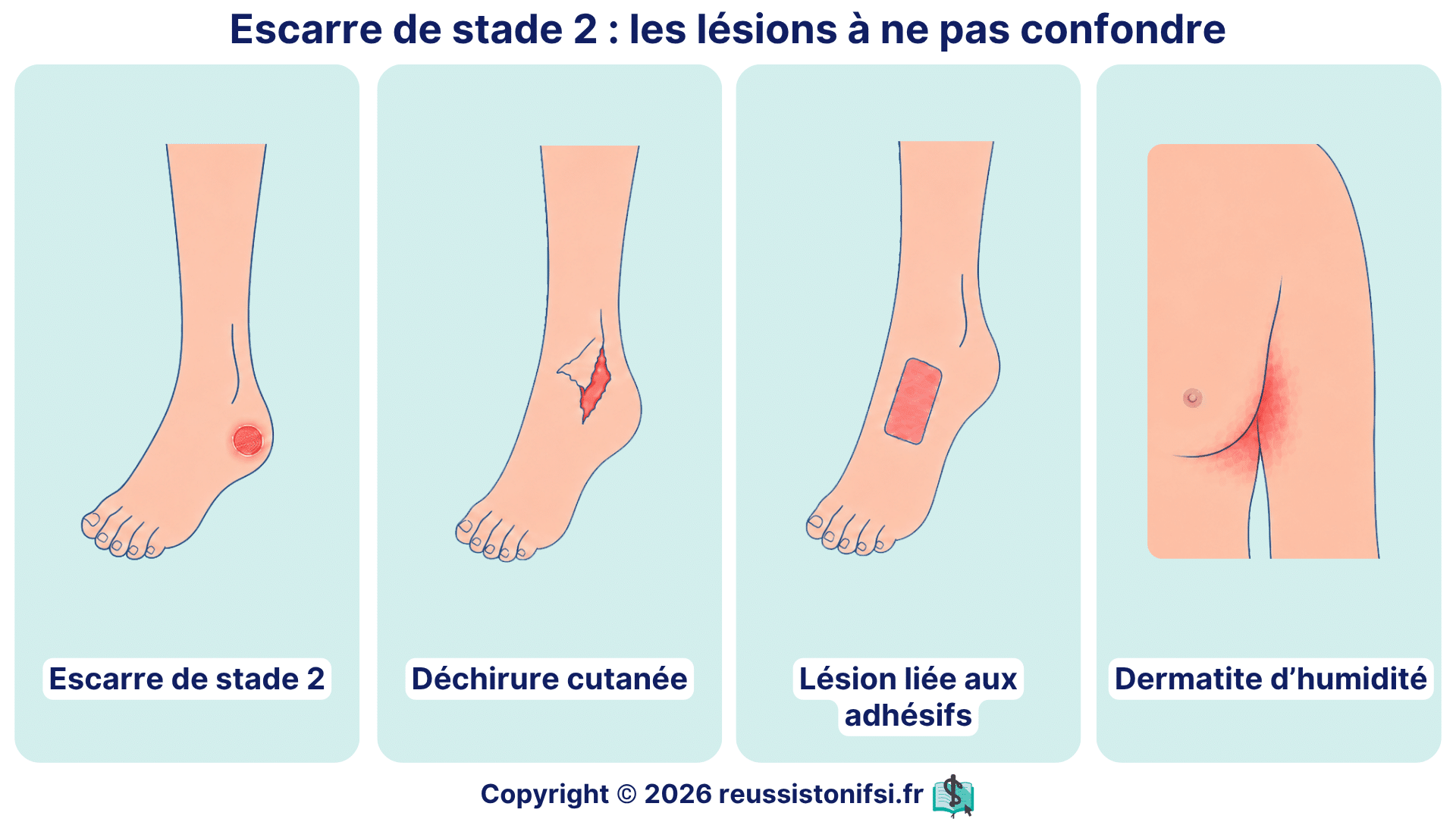 Escarre de stade 2 comparée à une déchirure cutanée, une lésion liée aux adhésifs et une dermatite d’humidité.
