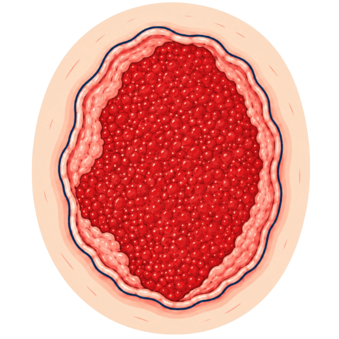 Escarre bourgeonnante avec tissu de granulation rouge recouvrant le lit de la plaie et berges rosées.