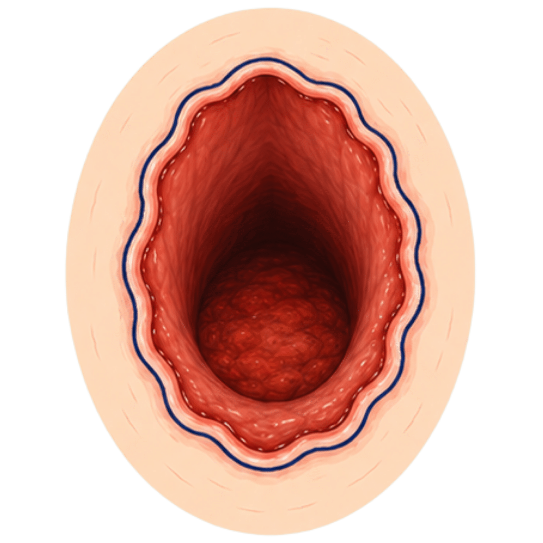 Escarre cavitaire avec plaie profonde présentant une cavité et un lit rouge visible au fond de la lésion.