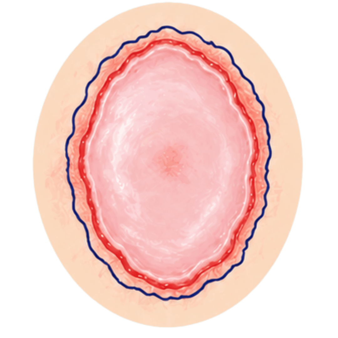 Escarre en phase d’épithélialisation avec tissu rose pâle recouvrant le lit de la plaie et berges en cours de cicatrisation.