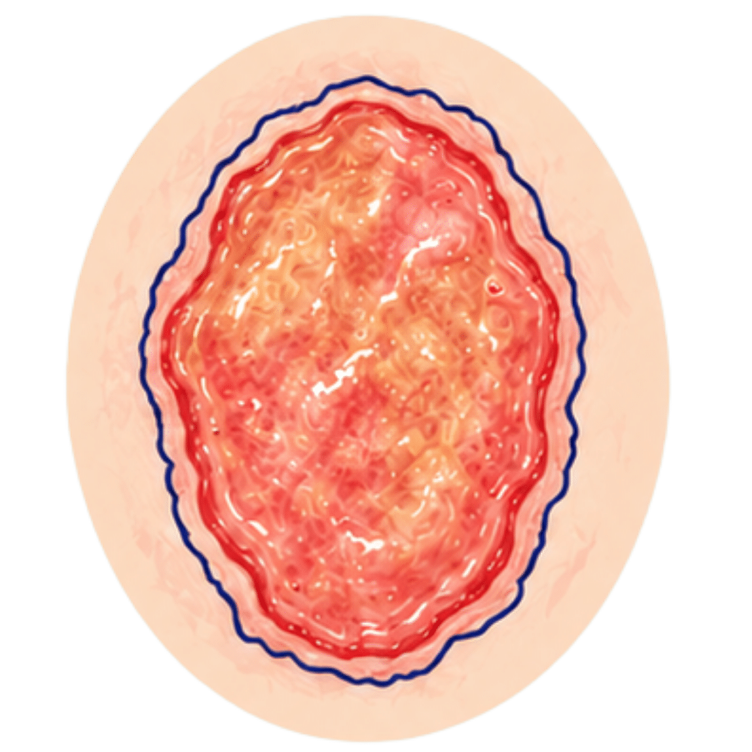 Escarre exsudative avec lit de plaie rouge-orangé, humide et brillant, évoquant la présence d’exsudat.