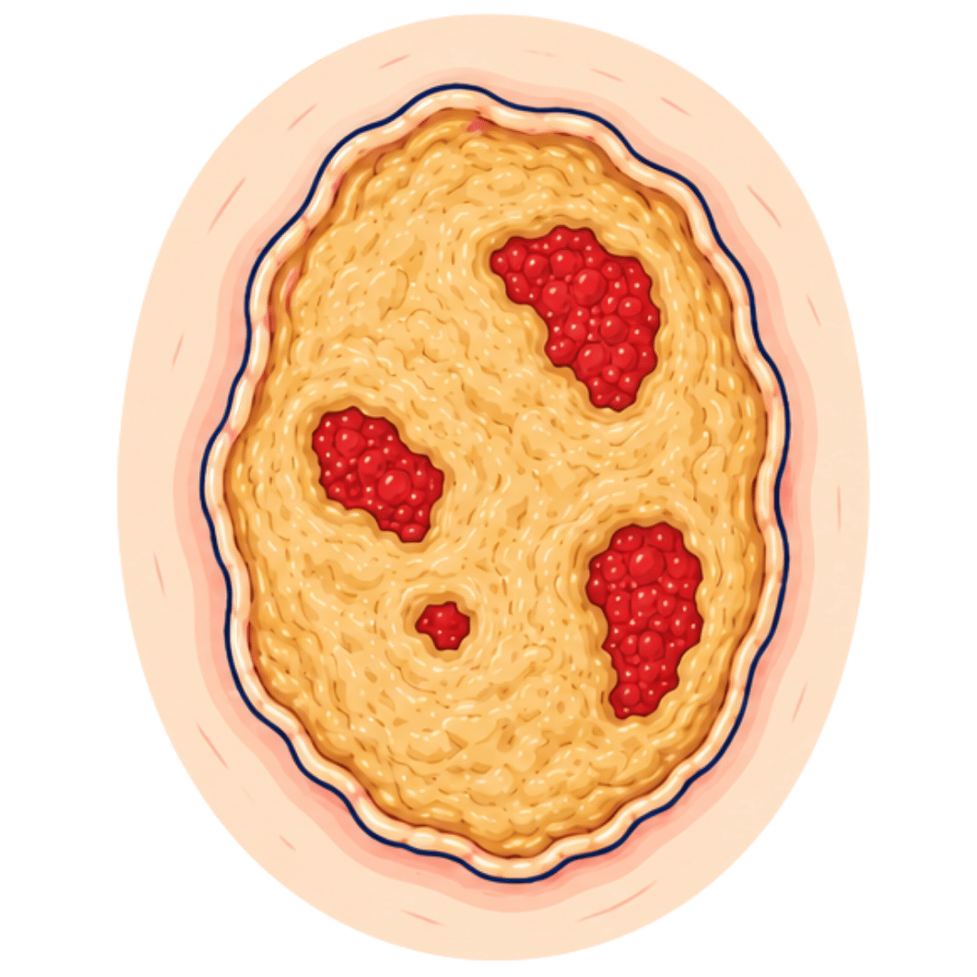 Escarre fibrineuse avec enduit jaune recouvrant le lit de la plaie et zones rouges de tissu de granulation.
