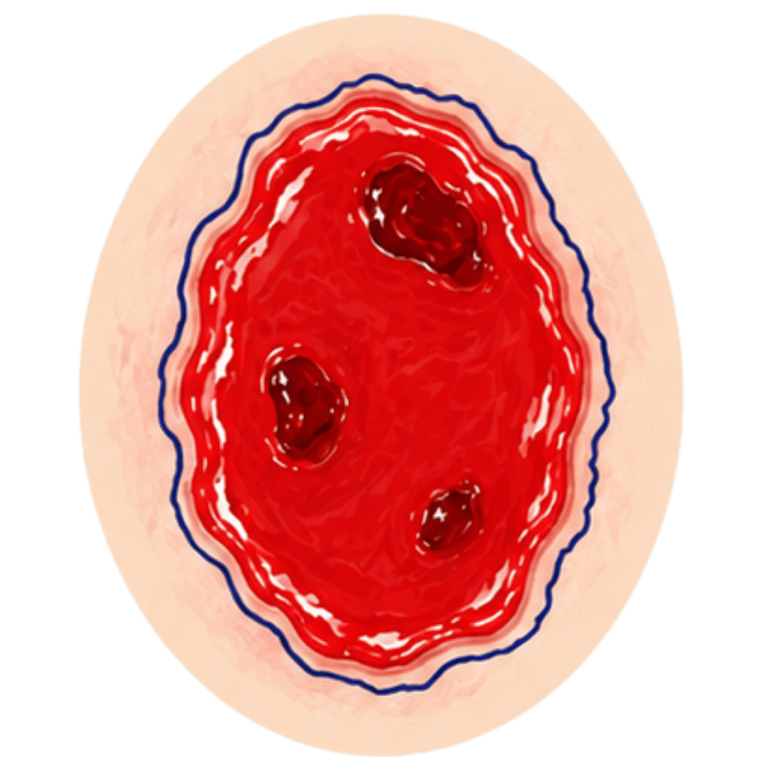 Escarre avec lit de plaie rouge et humide présentant plusieurs zones sombres, sans identification de leur origine.