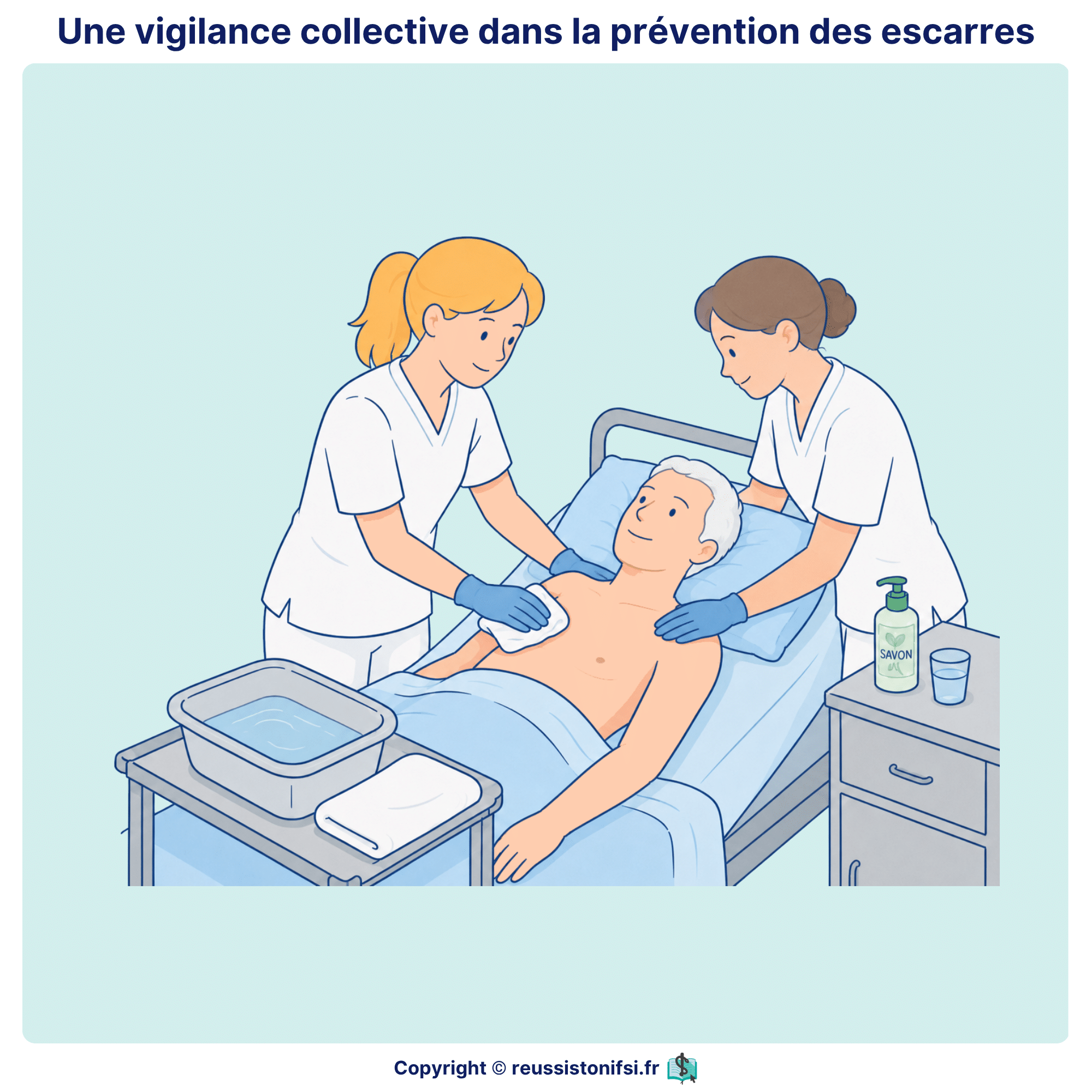 Prévention des escarres : équipe soignante réalisant un soin d’hygiène et une surveillance cutanée.