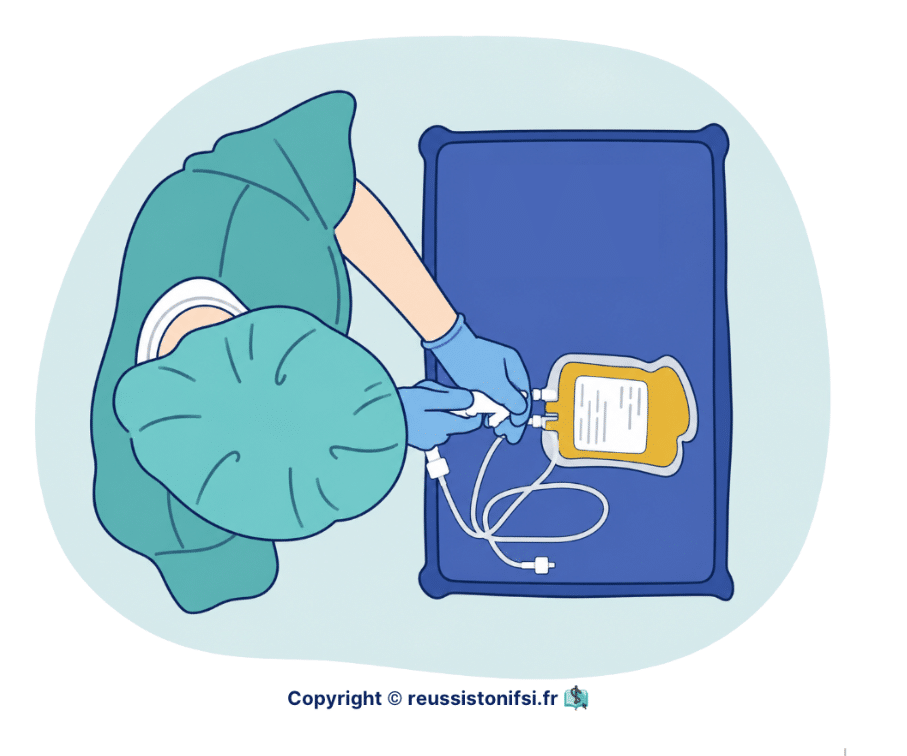 Transfusion de plaquettes : préparation d’une poche et de sa tubulure par un professionnel de santé.